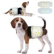 Beagle wearing Dono disposable male dog wrap diaper in yellow pet-icon print, standing and lying down views, with both diaper designs shown flat — yellow pet-icon print and teal pet-icon print — on white background