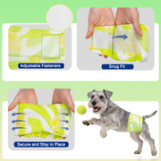 Dono's Diary male dog belly band diaper detail infographic showing adjustable fasteners, snug fit, and secure stay-in-place elastic waist, with Schnauzer wearing the diaper while playing