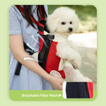 DONOYOYO red pet carrier backpack highlighting breathable fiber mesh side panels with airflow arrows, white Bichon Frise carried front-facing outdoors