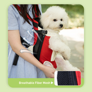 DONOYOYO red pet carrier backpack highlighting breathable fiber mesh side panels with airflow arrows, white Bichon Frise carried front-facing outdoors
