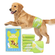 Golden Retriever wearing Dono's Diary male dog belly band diaper in green tennis ball pattern, with product packaging and stacked diapers, Large size 20-count on white background