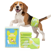 Beagle wearing Dono's Diary male dog belly band diaper in green tennis ball pattern, with product packaging and stacked diapers, Medium size 20-count on white background