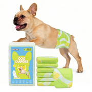 French Bulldog wearing Dono's Diary male dog belly band diaper in green tennis ball pattern, with product packaging and stacked diapers, Small size 20-count on white background