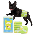 Black French Bulldog wearing Dono's Diary male dog belly band diaper in green tennis ball pattern, with product packaging and stacked diapers, Small size 20-count on white background